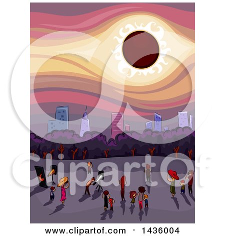 Clipart of a Crowd of People Watching a Solar Eclipse near a City - Royalty Free Vector Illustration by BNP Design Studio