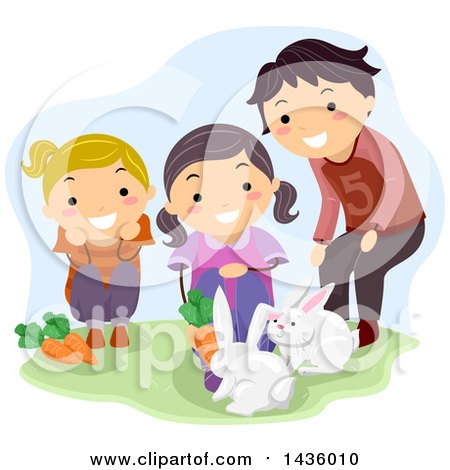 Clipart of a Man Teaching Girls About Rabbits - Royalty Free Vector Illustration by BNP Design Studio
