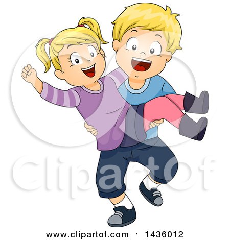 Clipart of a Happy Blond White Boy Carrying His Sister - Royalty Free Vector Illustration by BNP Design Studio