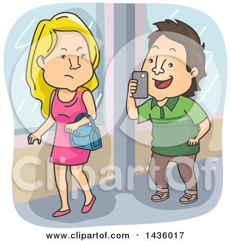 Clipart of a Cartoon Caucasian Man Annoying a Beautiful Woman by Taking a Picture of Her with His Phone - Royalty Free Vector Illustration by BNP Design Studio
