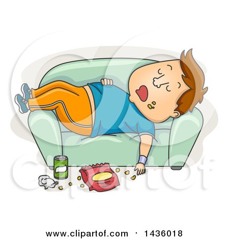 Clipart of a Cartoon Fat Brunette White Man in Workout Clothes, Sleeping on a Sofa After Pigging out - Royalty Free Vector Illustration by BNP Design Studio