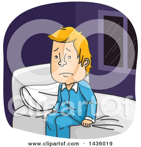 Clipart of a Cartoon Exhausted Sleepless Blond White Man Sitting on a Bed - Royalty Free Vector Illustration by BNP Design Studio