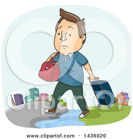 Clipart of a Cartoon Sad Brunette White Man Moving to a City from a Rural Area - Royalty Free Vector Illustration by BNP Design Studio