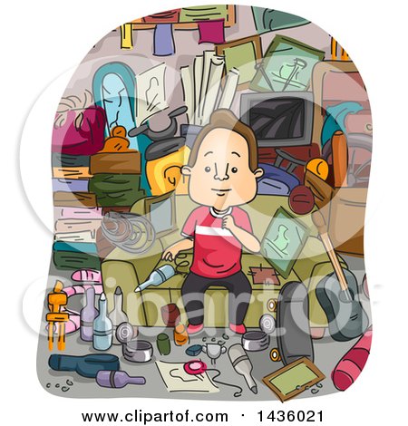 Clipart of a Cartoon Satisfied Brunette White Man Surrounded by Junk That He Has Collected - Royalty Free Vector Illustration by BNP Design Studio