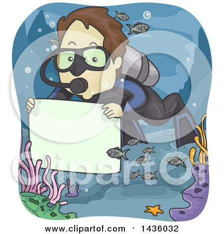 Clipart of a Cartoon Brunette Male Scuba Diver Holding a Blank Sign - Royalty Free Vector Illustration by BNP Design Studio