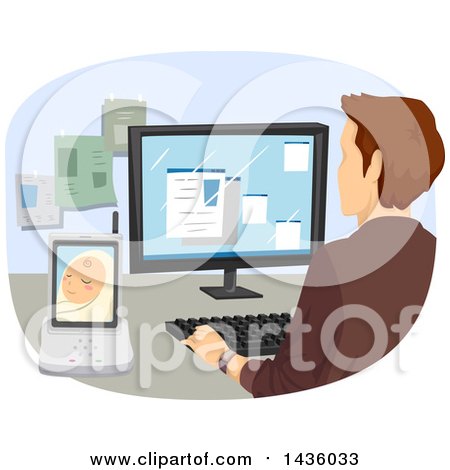 Clipart of a Rear View of a Working Father at His Office Computer, a Baby Monitor at His Side - Royalty Free Vector Illustration by BNP Design Studio