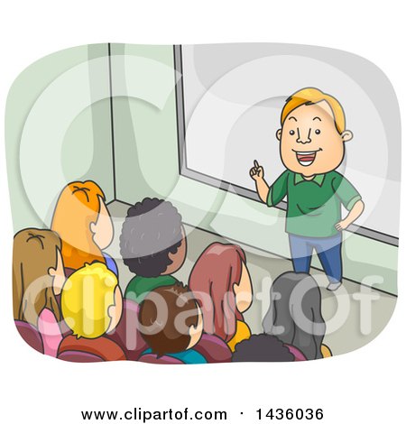 Clipart of a Cartoon White Male Professor or Teacher in Front of a College Class - Royalty Free Vector Illustration by BNP Design Studio