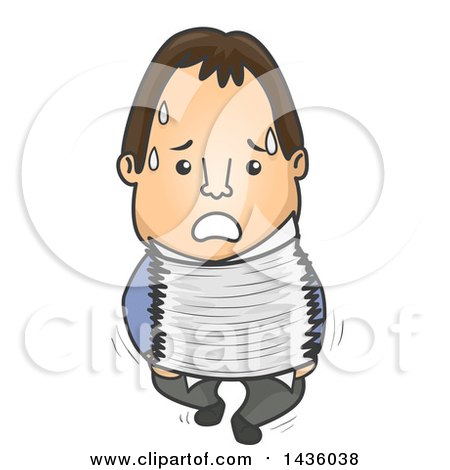 Clipart of a Cartoon Brunette White Male Worker Carrying Papers and Sweating - Royalty Free Vector Illustration by BNP Design Studio