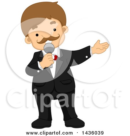 Clipart of a Cartoon White Male Program Presenter Holding a Microphone - Royalty Free Vector Illustration by BNP Design Studio