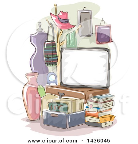 Clipart of a Sketched Board in a Room with Items for Sale - Royalty Free Vector Illustration by BNP Design Studio
