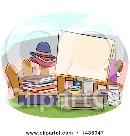 Clipart of a Sketched Yard Sale Sign with Items by a Fence - Royalty Free Vector Illustration by BNP Design Studio