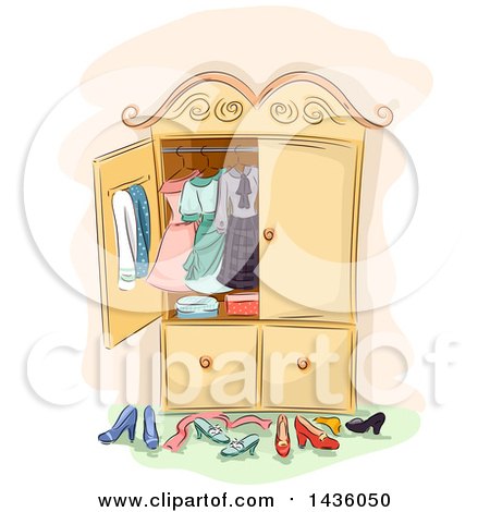 Clipart of a Sketched Antique Wardrobe Cabinet with Clothing and Shoes - Royalty Free Vector Illustration by BNP Design Studio