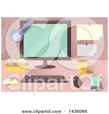 Clipart of a Desktop Computer with Snacks and Accessories - Royalty Free Vector Illustration by BNP Design Studio