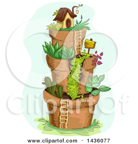 Clipart of a Fairy Garden Village of Stacked Pots - Royalty Free Vector Illustration by BNP Design Studio