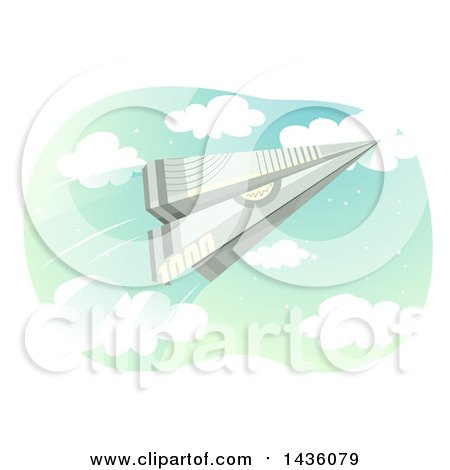 Clipart of a Paper Plane Made of Cash, Flying in a Sky - Royalty Free Vector Illustration by BNP Design Studio