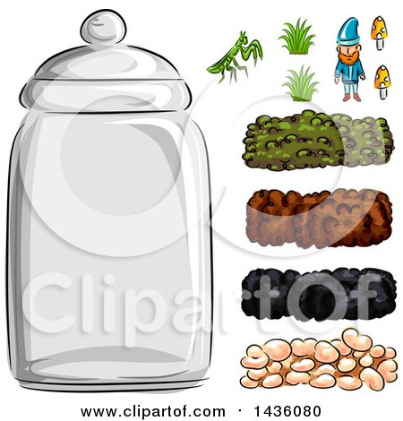 Clipart of a Sketched Terrarium Jar and Design Elements - Royalty Free Vector Illustration by BNP Design Studio