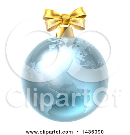 Clipart of a 3d Blue Earth Globe Christmas Bauble with a Gold Bow - Royalty Free Vector Illustration by AtStockIllustration