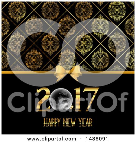 Clipart of a Happy New Year 2017 Greeting Under a Bow and Damask Pattern - Royalty Free Vector Illustration by KJ Pargeter