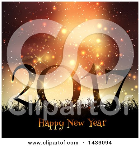 Clipart of a Happy New Year 2017 Greeting in Silhouetted Grass Against Sparkles and Flares - Royalty Free Vector Illustration by KJ Pargeter