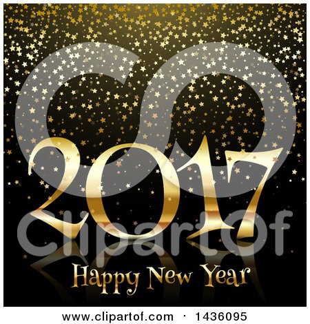 Clipart of a Golden Happy New Year 2017 Greeting on Black with Stars - Royalty Free Vector Illustration by KJ Pargeter