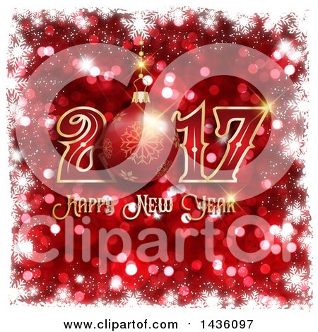 Clipart of a Happy New Year Bauble Greeting over Red Glitter, with a Border of White Snowflakes - Royalty Free Illustration by KJ Pargeter