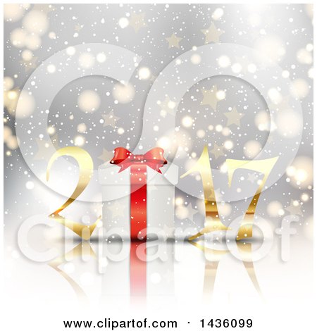Clipart of a Gold New Year 2017 with a Gift over Bokeh and Stars - Royalty Free Vector Illustration by KJ Pargeter