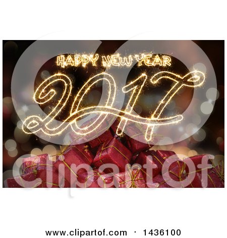 Clipart of a Happy New Year 2017 Sparkler Greeting over 3d Gift Boxes and Bokeh - Royalty Free Illustration by KJ Pargeter