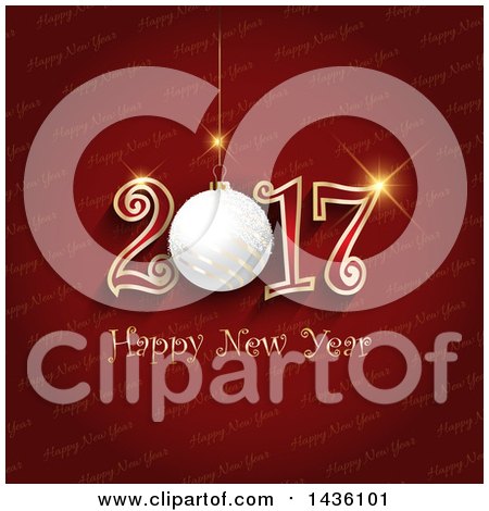 Clipart of a Happy New Year 2017 Greeting with a 3d Bauble over Red - Royalty Free Vector Illustration by KJ Pargeter