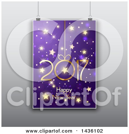Clipart of a Suspended Purple and Gold Happy New Year 2017 Greeting Sign over Gray - Royalty Free Vector Illustration by KJ Pargeter
