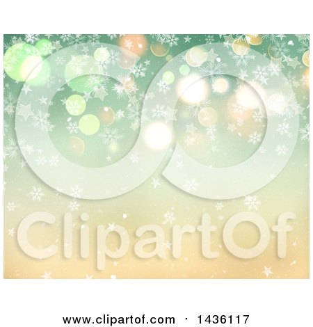Clipart of a Gradient Green to Golden Background of Snowflakes, Stars and Bokeh Flares - Royalty Free Illustration by KJ Pargeter