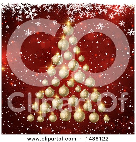 Clipart of a 3d Christmas Tree of Golden Bauble Ornaments, over Red Bokeh Flares with White Snowflakes - Royalty Free Vector Illustration by KJ Pargeter