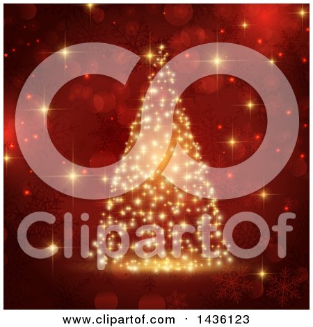 Clipart of a Christmas Tree of Golden Sparkles, over Red Bokeh Flares and Snowflakes - Royalty Free Vector Illustration by KJ Pargeter