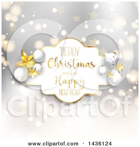 Clipart of a Merry Christmas and a Happy New Year Greeting Frame with Stars and Baubles over a Gray Bokeh Pattern - Royalty Free Vector Illustration by KJ Pargeter