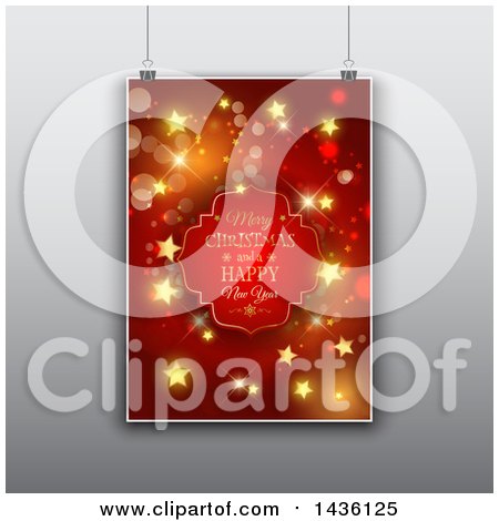 Clipart of a Suspended Merry Christmas and a Happy New Year Greeting Sigh with Gold Stars, over Gray - Royalty Free Vector Illustration by KJ Pargeter
