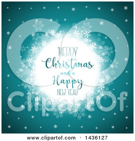 Clipart of a Merry Christmas and a Happy New Year Greeting in a Frame with Snowflakes on Teal - Royalty Free Vector Illustration by KJ Pargeter