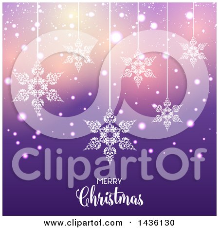 Clipart of a Merry Christmas Greeting with Suspended Snowflakes over Purple Bokeh - Royalty Free Vector Illustration by KJ Pargeter