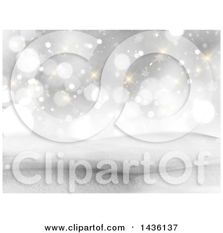 Clipart of a 3d Winter Landscape of Snow Covered Hills and a Bokeh Sky - Royalty Free Illustration by KJ Pargeter