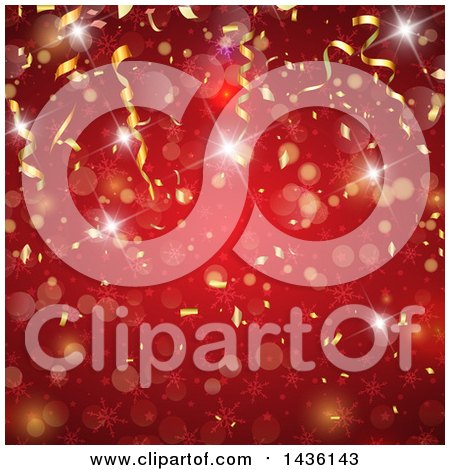 Clipart of a Red Christmas Background with Bokeh Flares, Sparkles, Snowflakes and Gold Party Streamers - Royalty Free Vector Illustration by KJ Pargeter