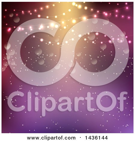 Clipart of a Christmas Party Background with String Lights and Bokeh Flares over Purple - Royalty Free Vector Illustration by KJ Pargeter