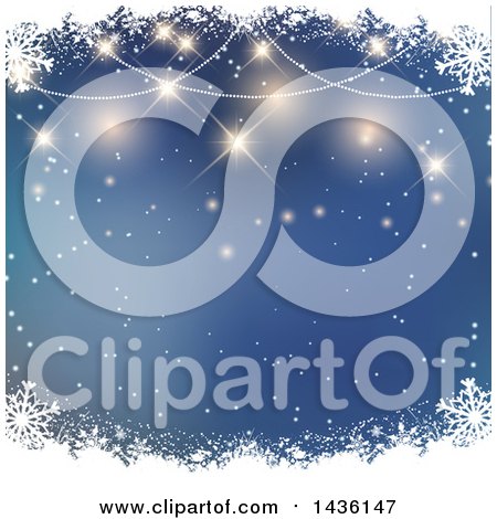 Clipart of a Christmas Party Background Bokeh Flares and Snowflakes over Blue - Royalty Free Vector Illustration by KJ Pargeter