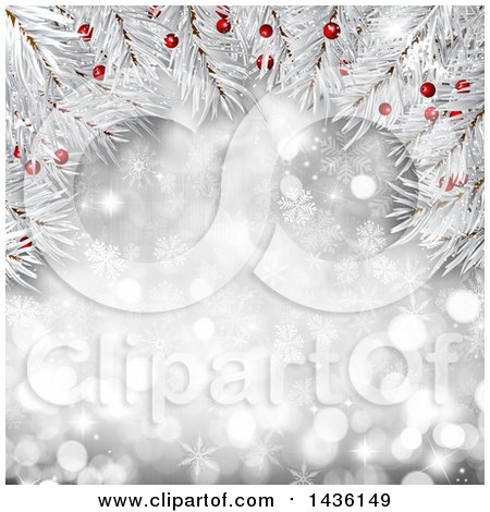 Clipart of a Christmas Tree Branch Background with Berries over a Silver Bokeh Snowflake Background - Royalty Free Illustration by KJ Pargeter