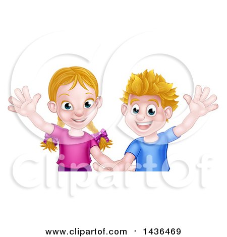 Clipart of a Happy Caucasian Brother and Sister Waving - Royalty Free Vector Illustration by AtStockIllustration
