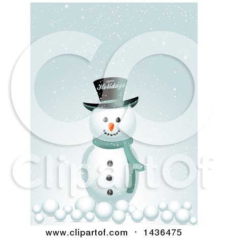 Clipart of a Snowman with a Happy Holidays Top Hat and Snow Balls - Royalty Free Vector Illustration by elaineitalia