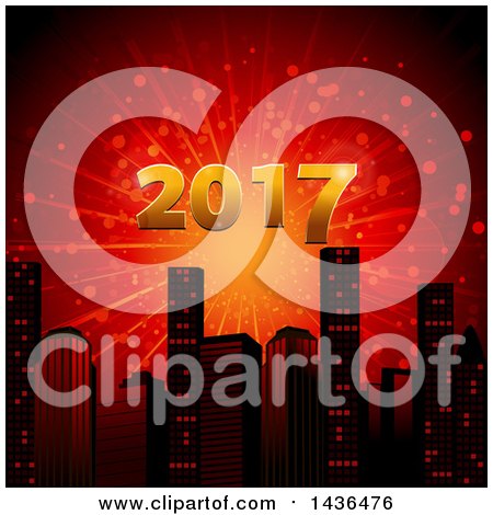 Clipart of a Firework Burst with New Year 2017 in Gold over a City Skyline - Royalty Free Vector Illustration by elaineitalia