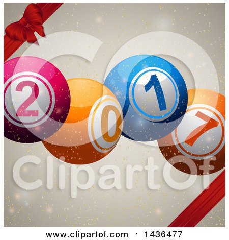 Clipart of 3d Colorful New Year 2017 Lottery Balls over Flares and Sparkles with Red Ribbons and a Bow - Royalty Free Vector Illustration by elaineitalia