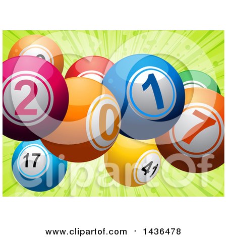 Clipart of 3d Colorful New Year 2017 Lottery Balls over Green - Royalty Free Vector Illustration by elaineitalia