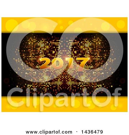Clipart of Gold 2017 New Year Numbers over a Pixel Mosaic with Borders of Yellow Bubbles or Flares - Royalty Free Vector Illustration by elaineitalia