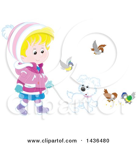 Clipart of a Blond Caucasian Girl in Winter Clothing, Walking a Puppy Dog on a Leash, with Birds Around - Royalty Free Vector Illustration by Alex Bannykh