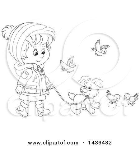 Clipart of a Black and White Lineart Little Girl in Winter Clothing Walking a Puppy Dog on a Leash, with Birds Around - Royalty Free Vector Illustration by Alex Bannykh