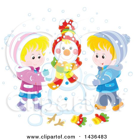Clipart of a Happy Blond Caucasian Brother and Sister Building a Snowman - Royalty Free Vector Illustration by Alex Bannykh